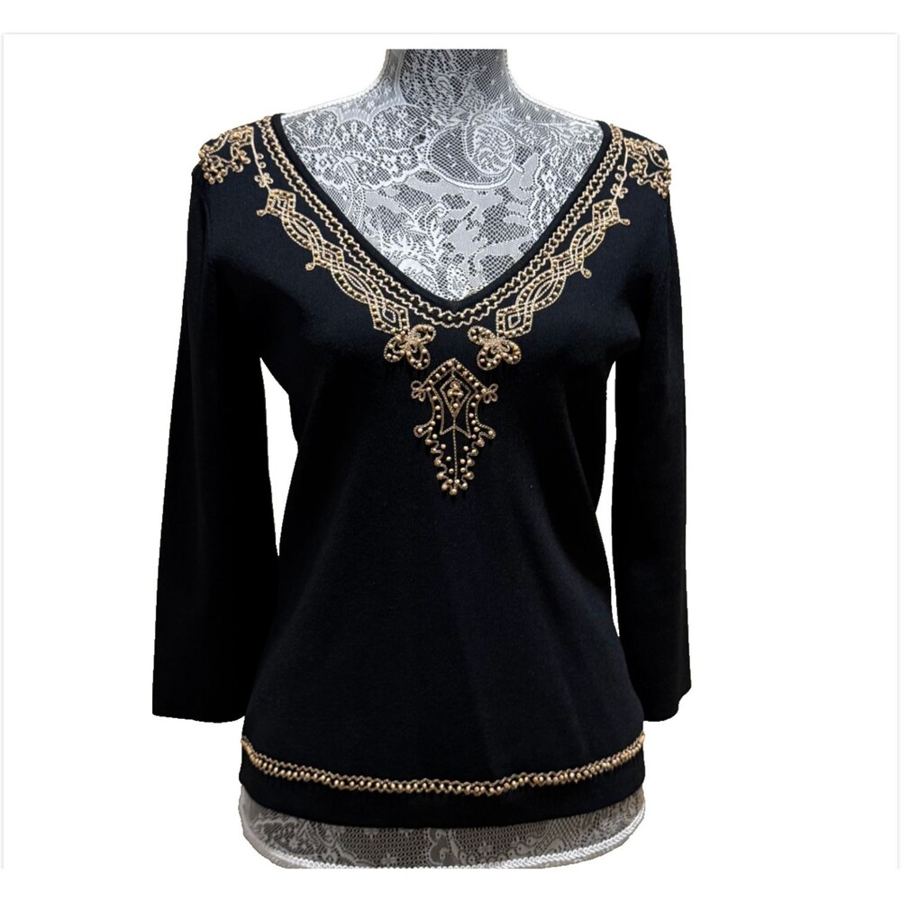 Black Beaded Embellishment Sweater S V Neck Boho Festival Knit Pullover Top